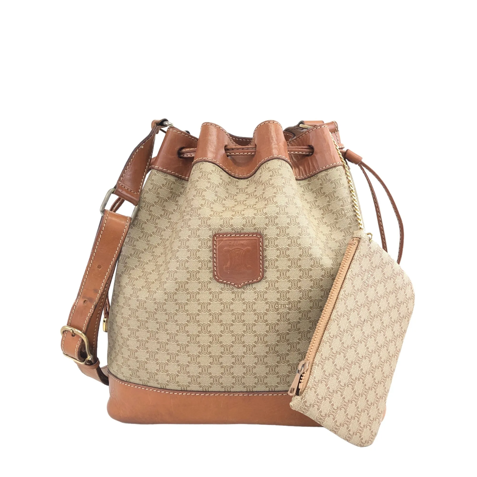 CELINE Macadam Blason Drawstring Shoulder bag Beige Vintage ugdzs4