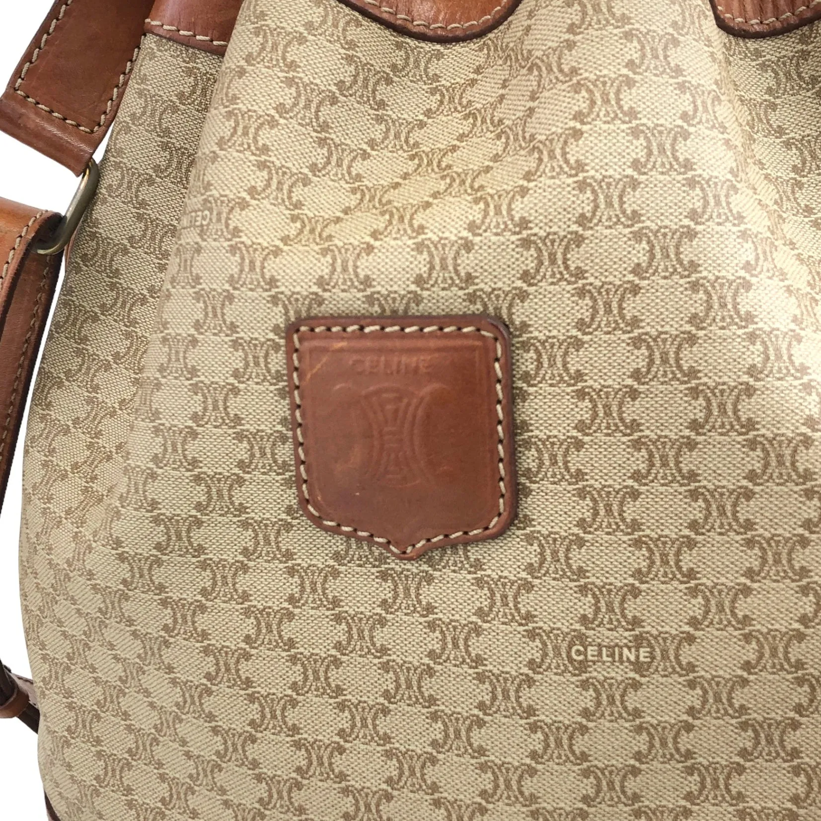 CELINE Macadam Blason Drawstring Shoulder bag Beige Vintage ugdzs4