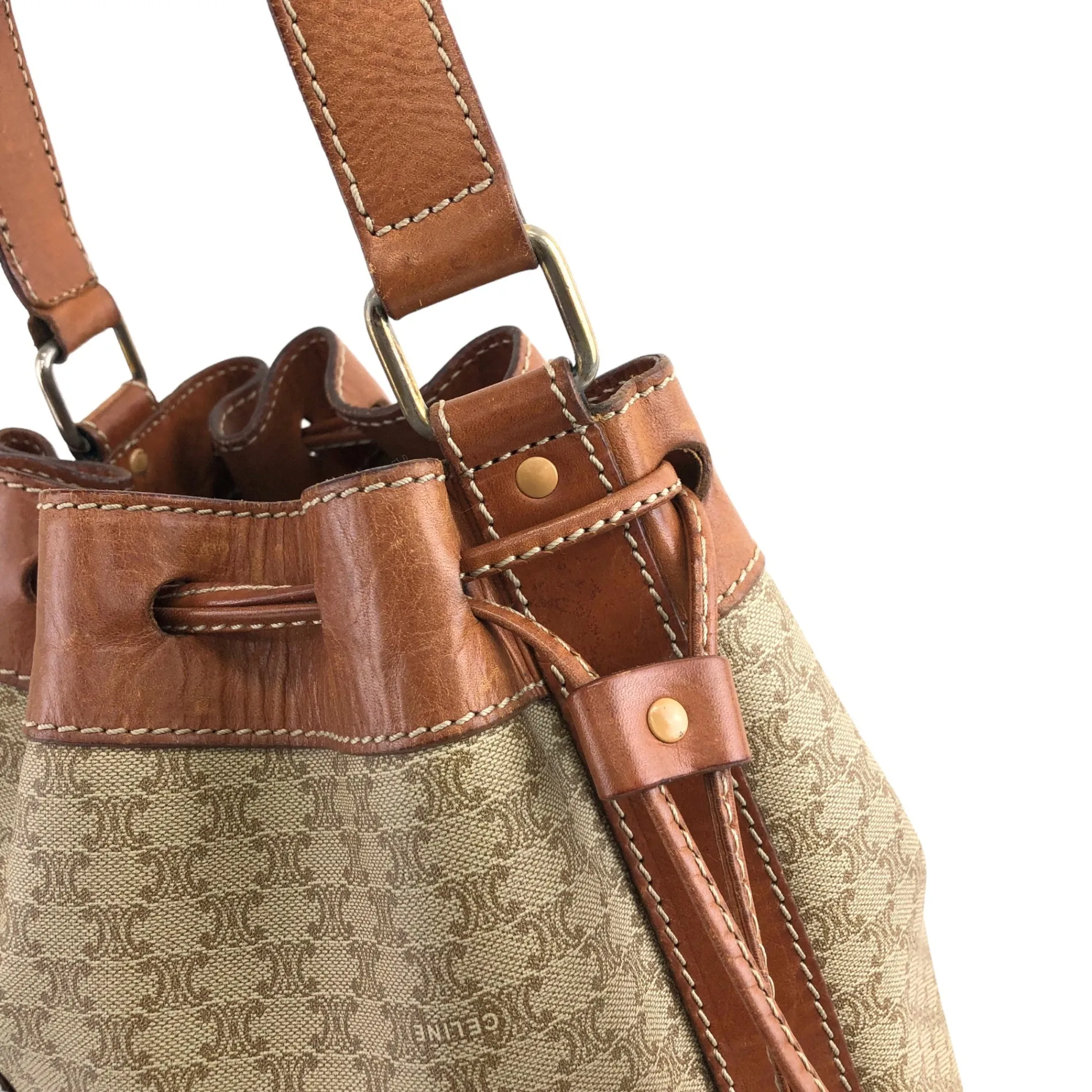 CELINE Macadam Blason Drawstring Shoulder bag Beige Vintage ugdzs4