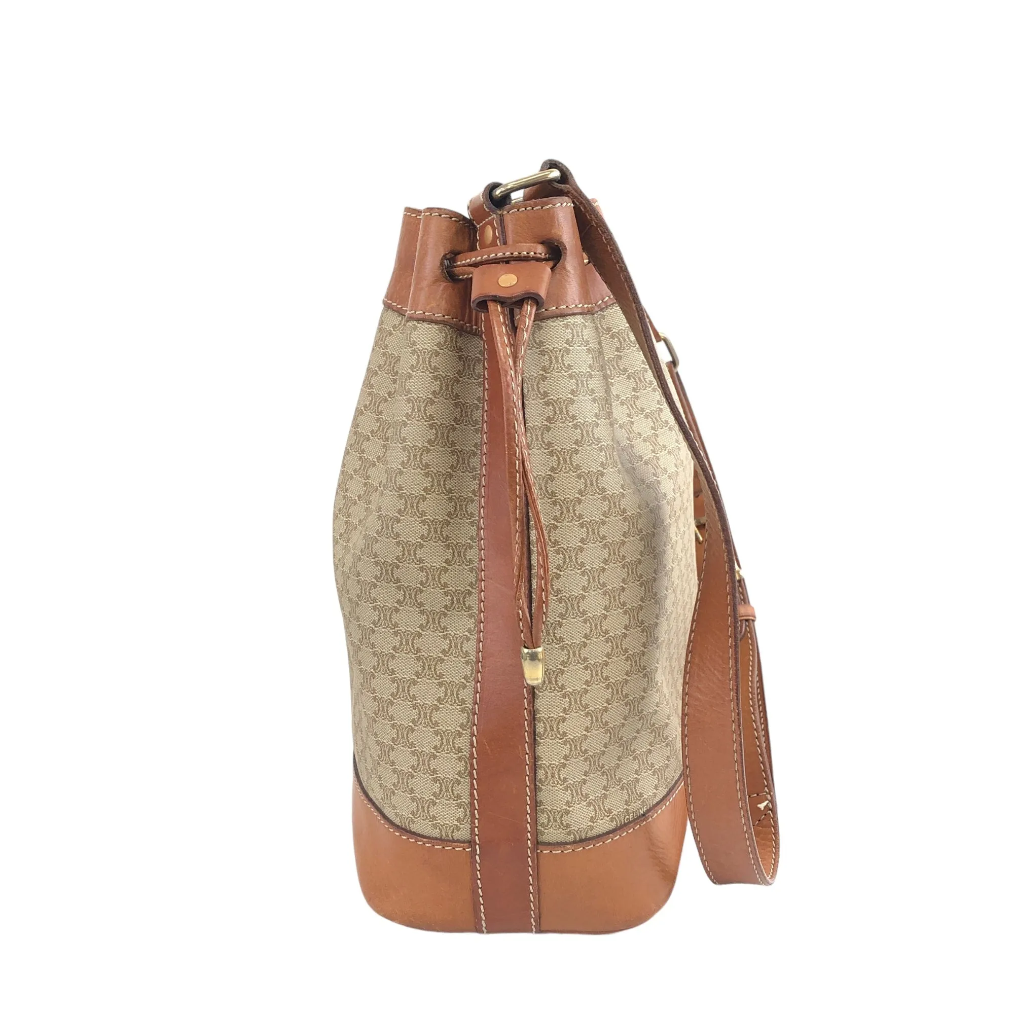 CELINE Macadam Blason Drawstring Shoulder bag Beige Vintage ugdzs4