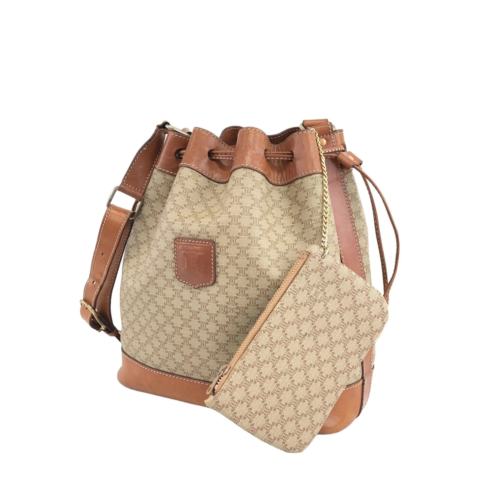 CELINE Macadam Blason Drawstring Shoulder bag Beige Vintage ugdzs4