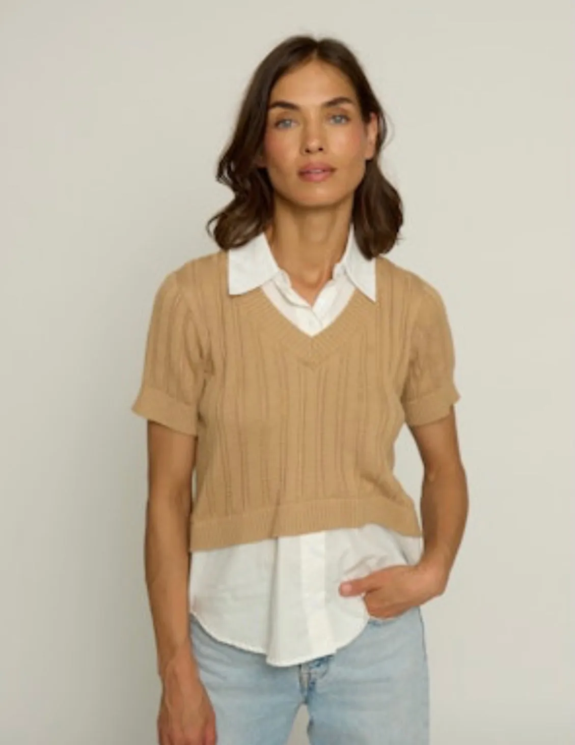 Central Park West Short Sleeve Layered Top - camel