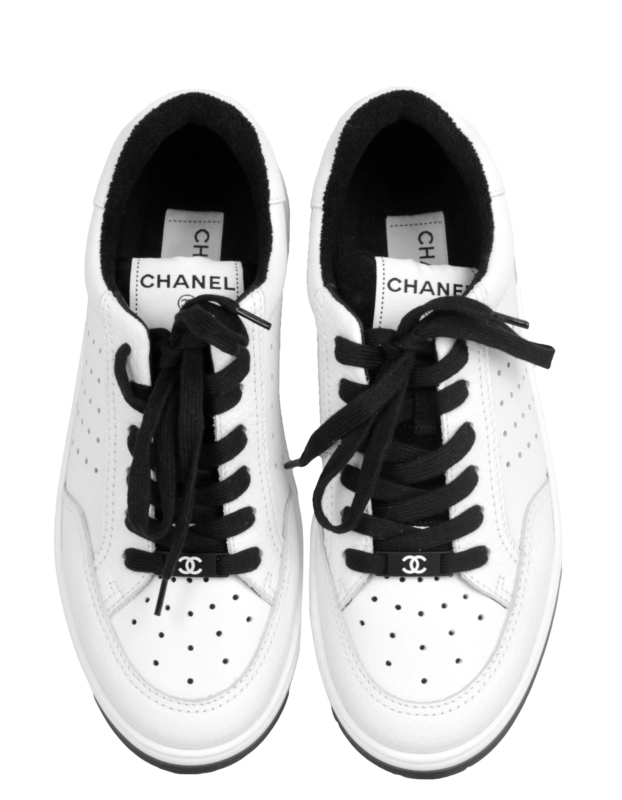 Chanel White/Black Leather Logo Sneakers sz 39