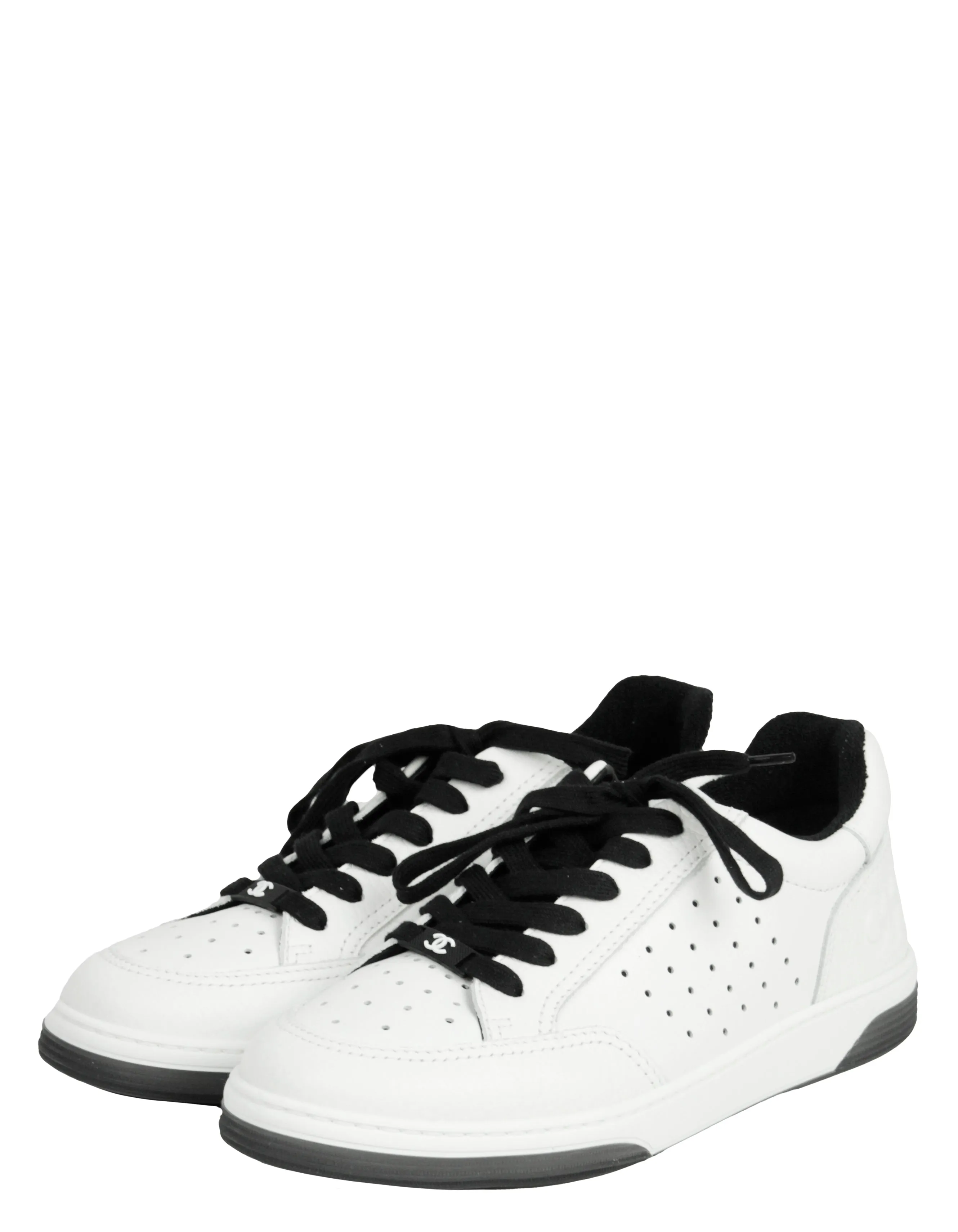 Chanel White/Black Leather Logo Sneakers sz 39