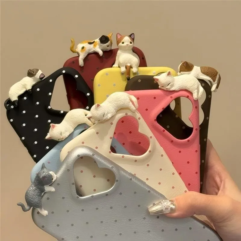 Chic 3D Kitten Polka Dot Leather iPhone Case