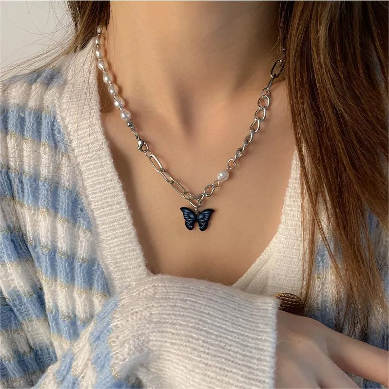 Chic Enamel Butterfly Pendant Pearl Chain Necklace