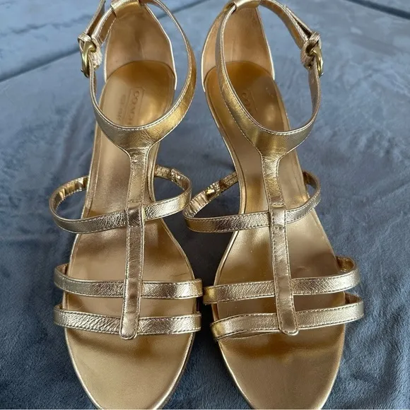 Coach Hayden Metallic Gold Strappy Open Toe Heel Size 8