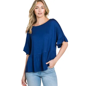 Culture Code Ink Blue Boat Neck Tiered Ruffle Sleeve Top CAY1480