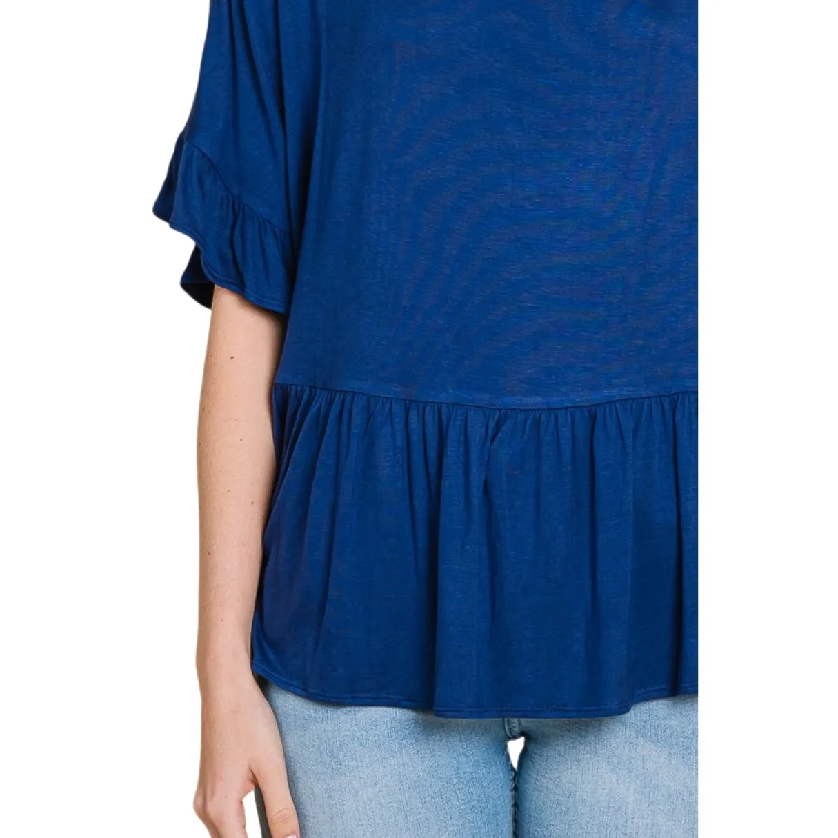 Culture Code Ink Blue Boat Neck Tiered Ruffle Sleeve Top CAY1480