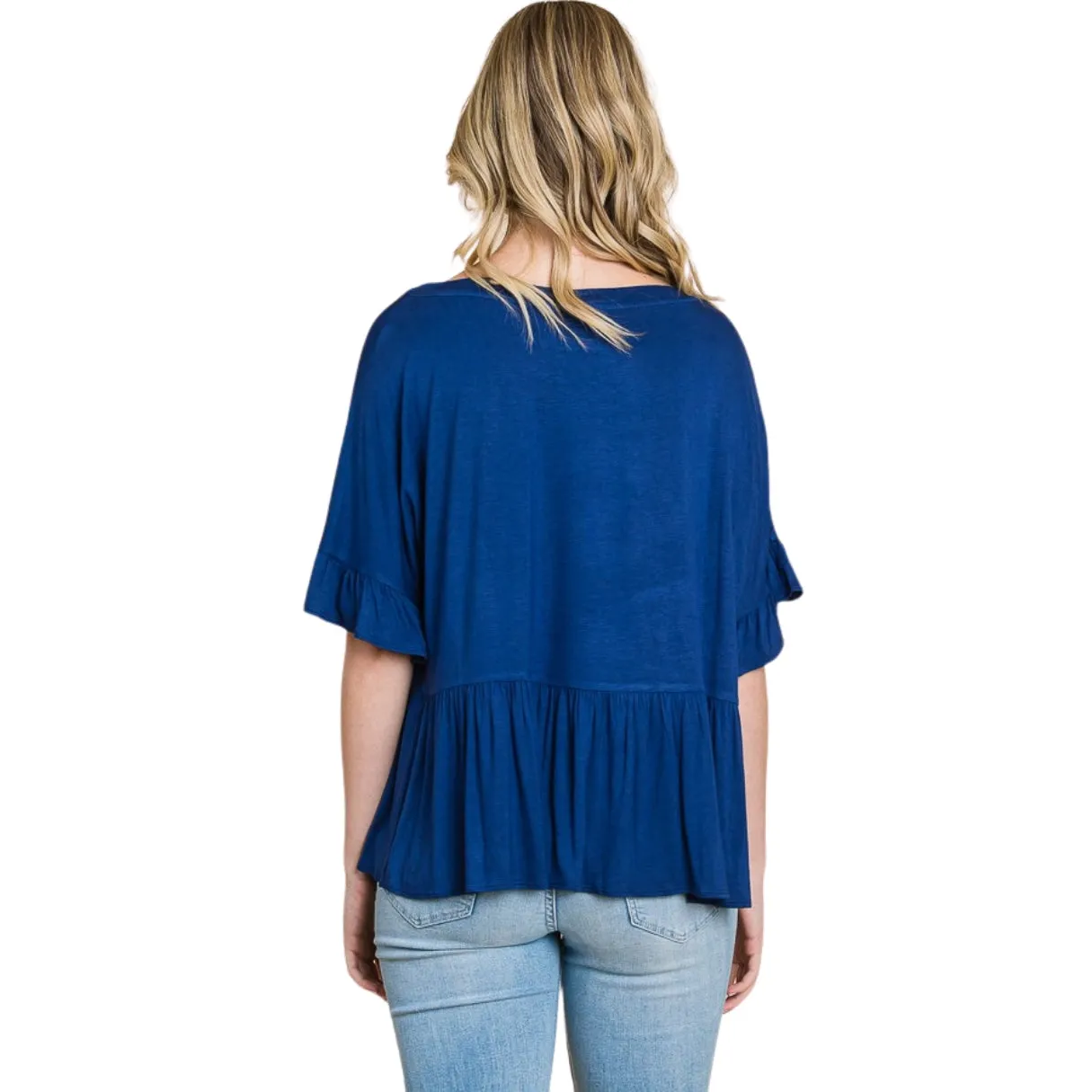 Culture Code Ink Blue Boat Neck Tiered Ruffle Sleeve Top CAY1480