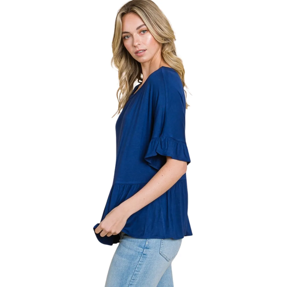 Culture Code Ink Blue Boat Neck Tiered Ruffle Sleeve Top CAY1480