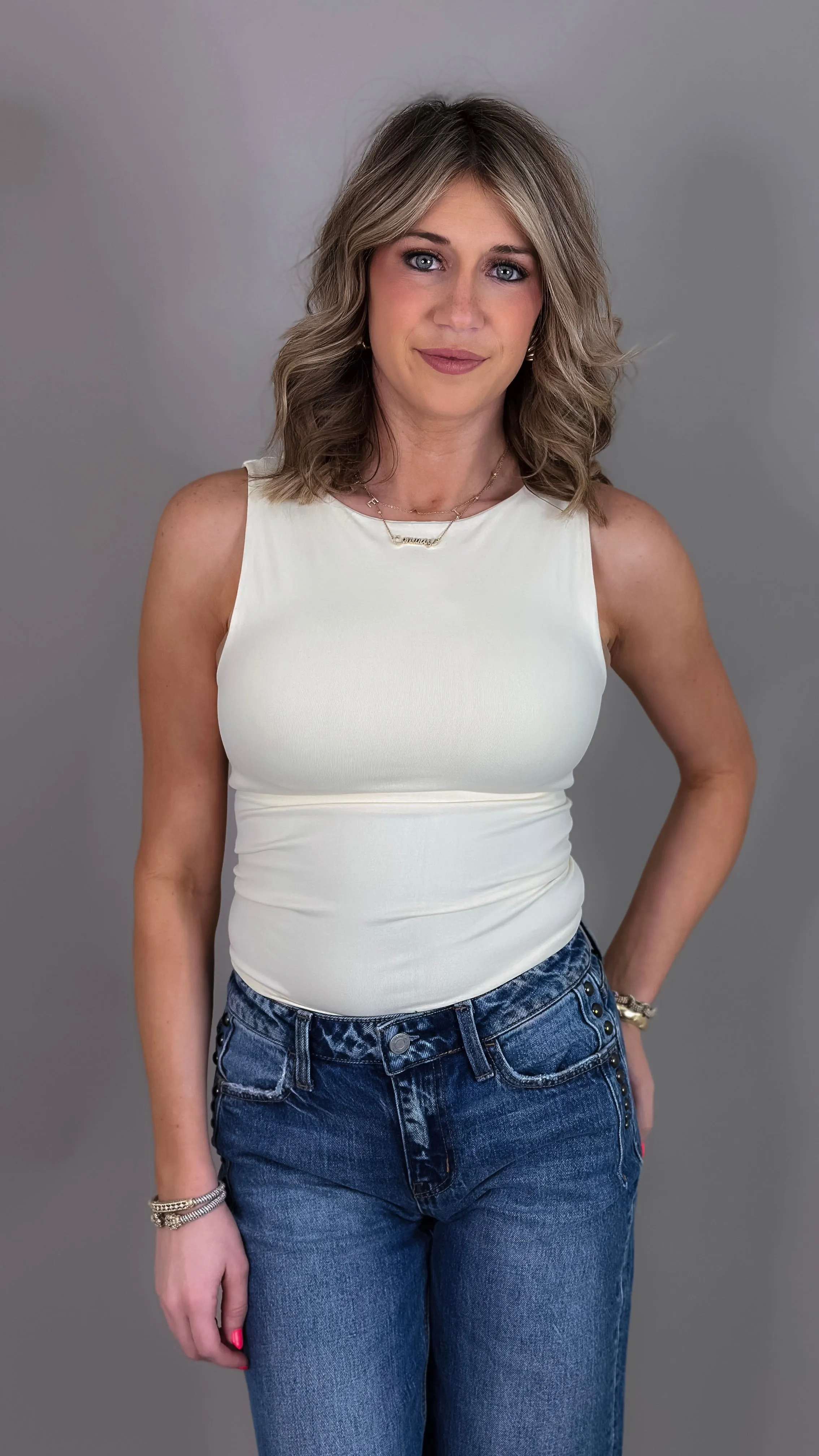 Deena Boat Neck Tank Top - Butter Cream
