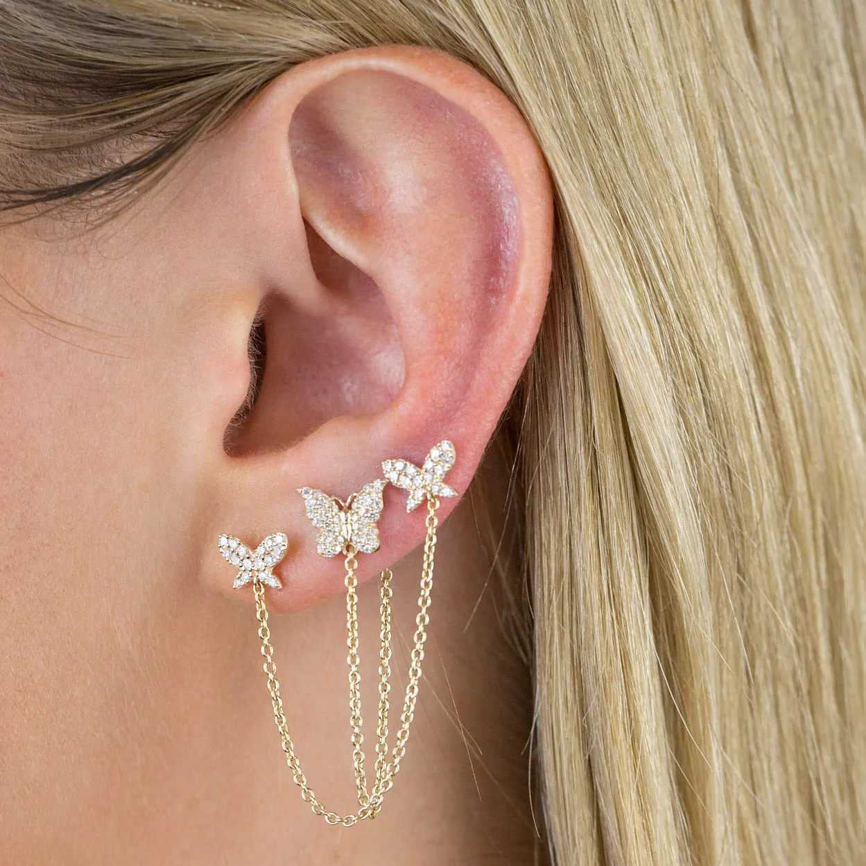 Diamond Double Butterfly Chain Stud Earring 14K