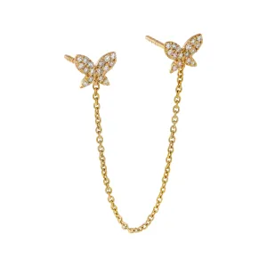 Diamond Double Butterfly Chain Stud Earring 14K