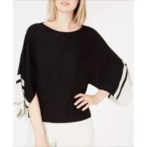 Eileen Fisher Bateau Neck Colorblocked Split-Sleeve Sweater Black Cream Kimono M