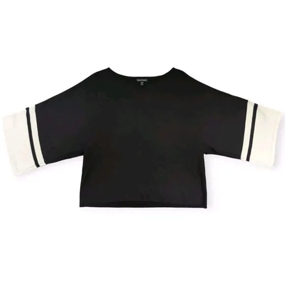 Eileen Fisher Bateau Neck Colorblocked Split-Sleeve Sweater Black Cream Kimono M