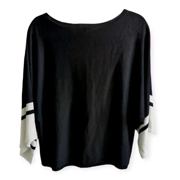 Eileen Fisher Bateau Neck Colorblocked Split-Sleeve Sweater Black Cream Kimono M