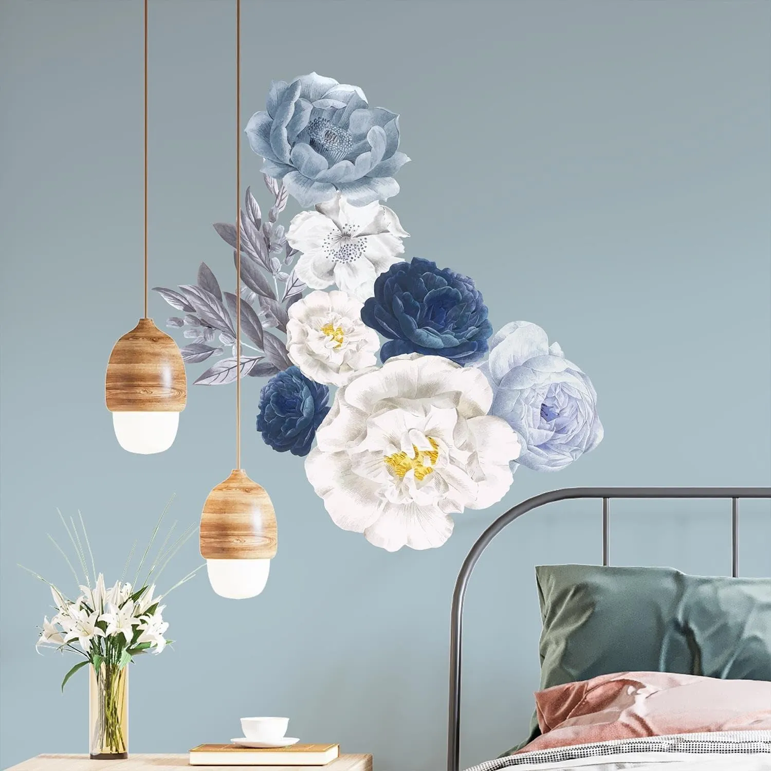 Elegant Blue Watercolour Peonies Wall Stickers