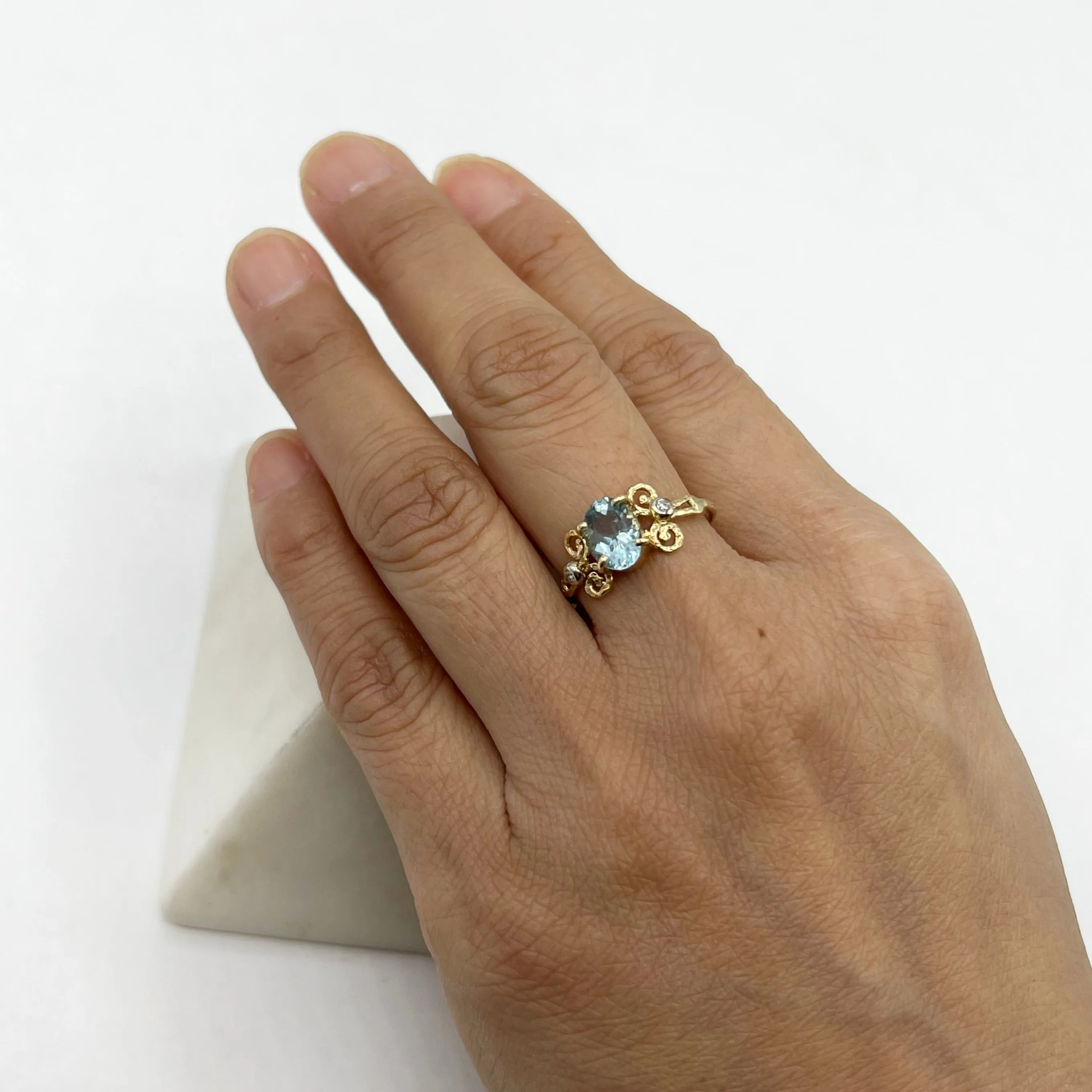 Elegant  Filigree Oval Aquamarine and Diamond Ring