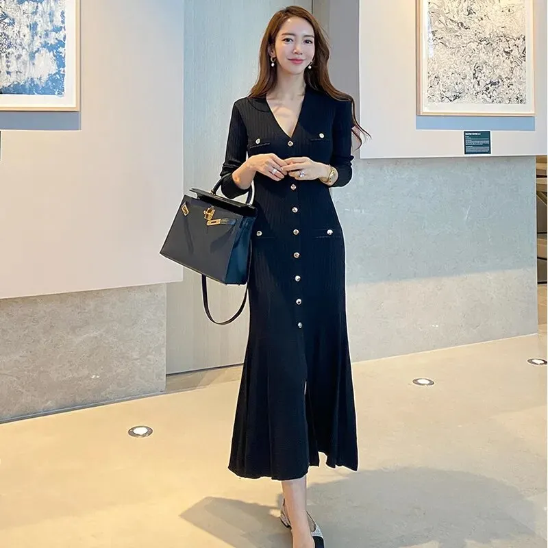 Elegant Single Breasted Midi Dresses for Women Party Long Sleeve V-Neck Dress Elegant Fashion