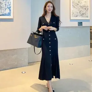 Elegant Single Breasted Midi Dresses for Women Party Long Sleeve V-Neck Dress Elegant Fashion