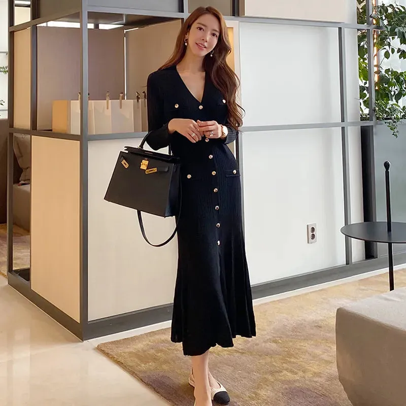 Elegant Single Breasted Midi Dresses for Women Party Long Sleeve V-Neck Dress Elegant Fashion