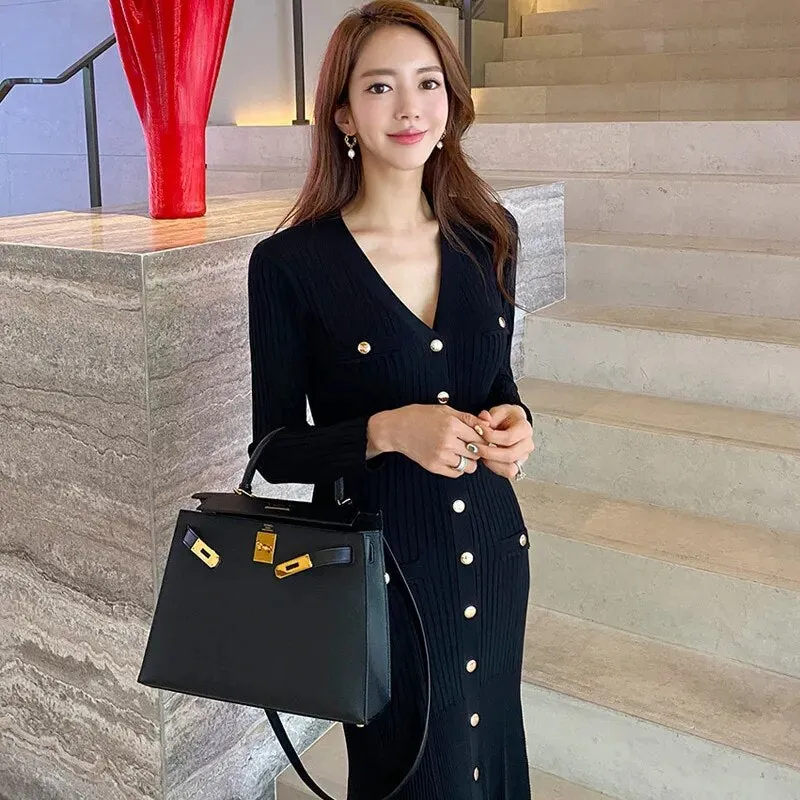 Elegant Single Breasted Midi Dresses for Women Party Long Sleeve V-Neck Dress Elegant Fashion