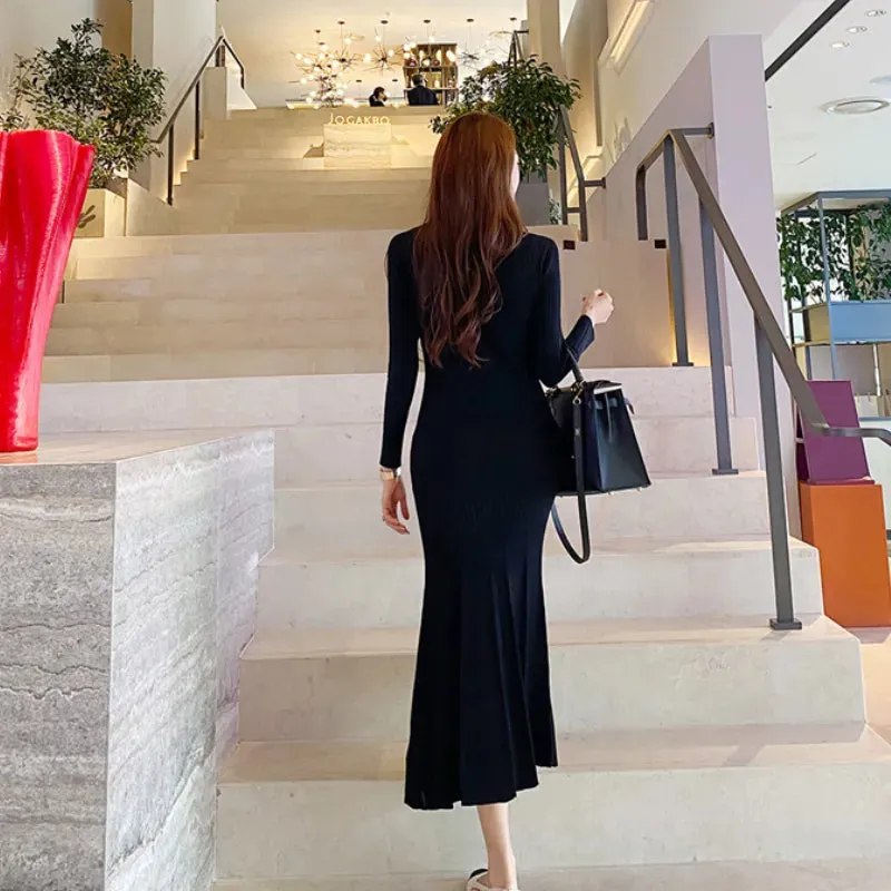Elegant Single Breasted Midi Dresses for Women Party Long Sleeve V-Neck Dress Elegant Fashion