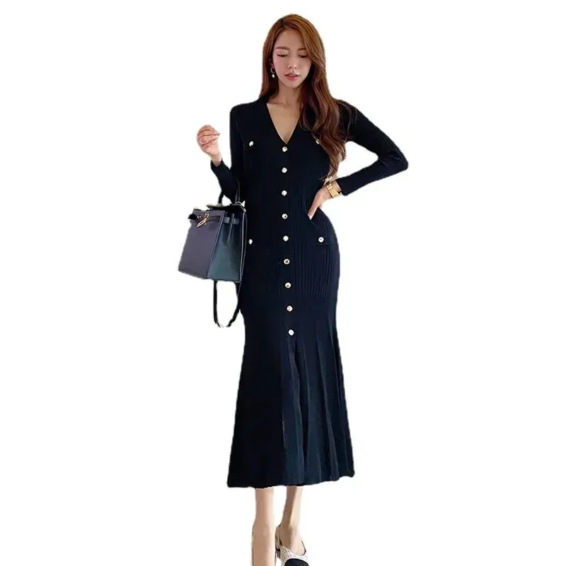 Elegant Single Breasted Midi Dresses for Women Party Long Sleeve V-Neck Dress Elegant Fashion
