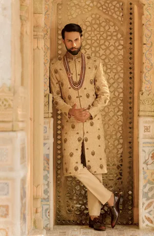Elegant Traditionally Embroidered Beige Pakistani Groom Sherwani