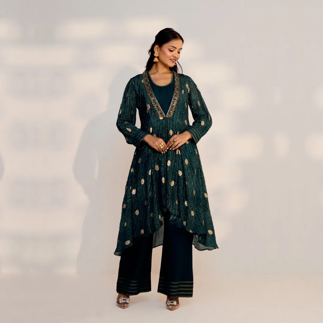 Emarald Green Embellished Assymetrical Palazzo