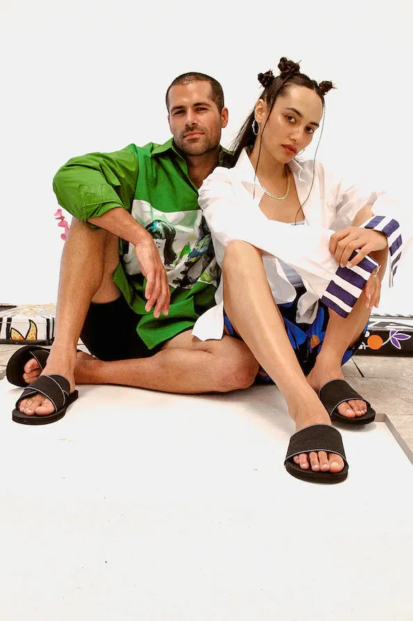 ESSNTLS Womens Slides - Black, with White Contrast Stitch