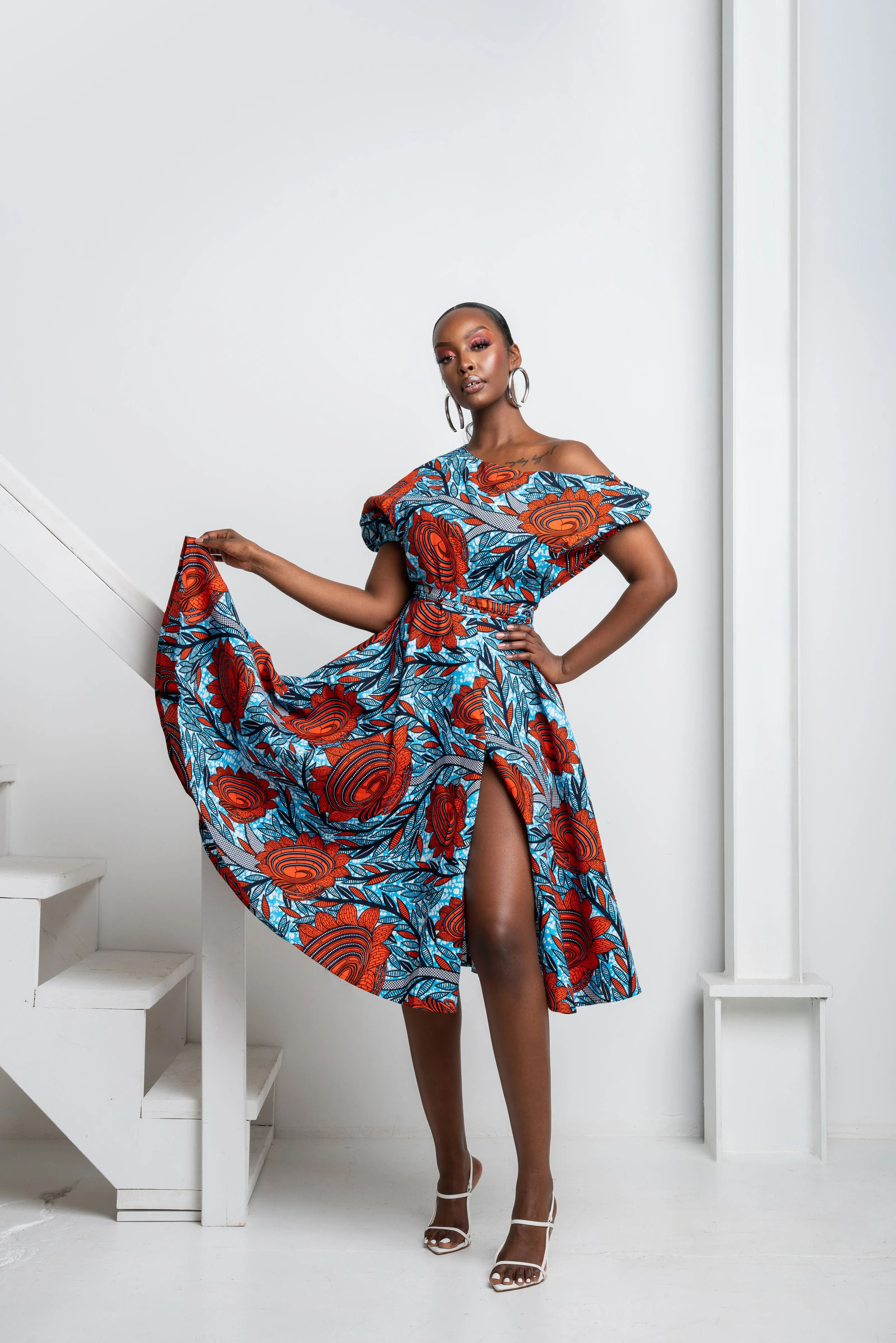 FAYO African Print One-shoulder Midi Dress