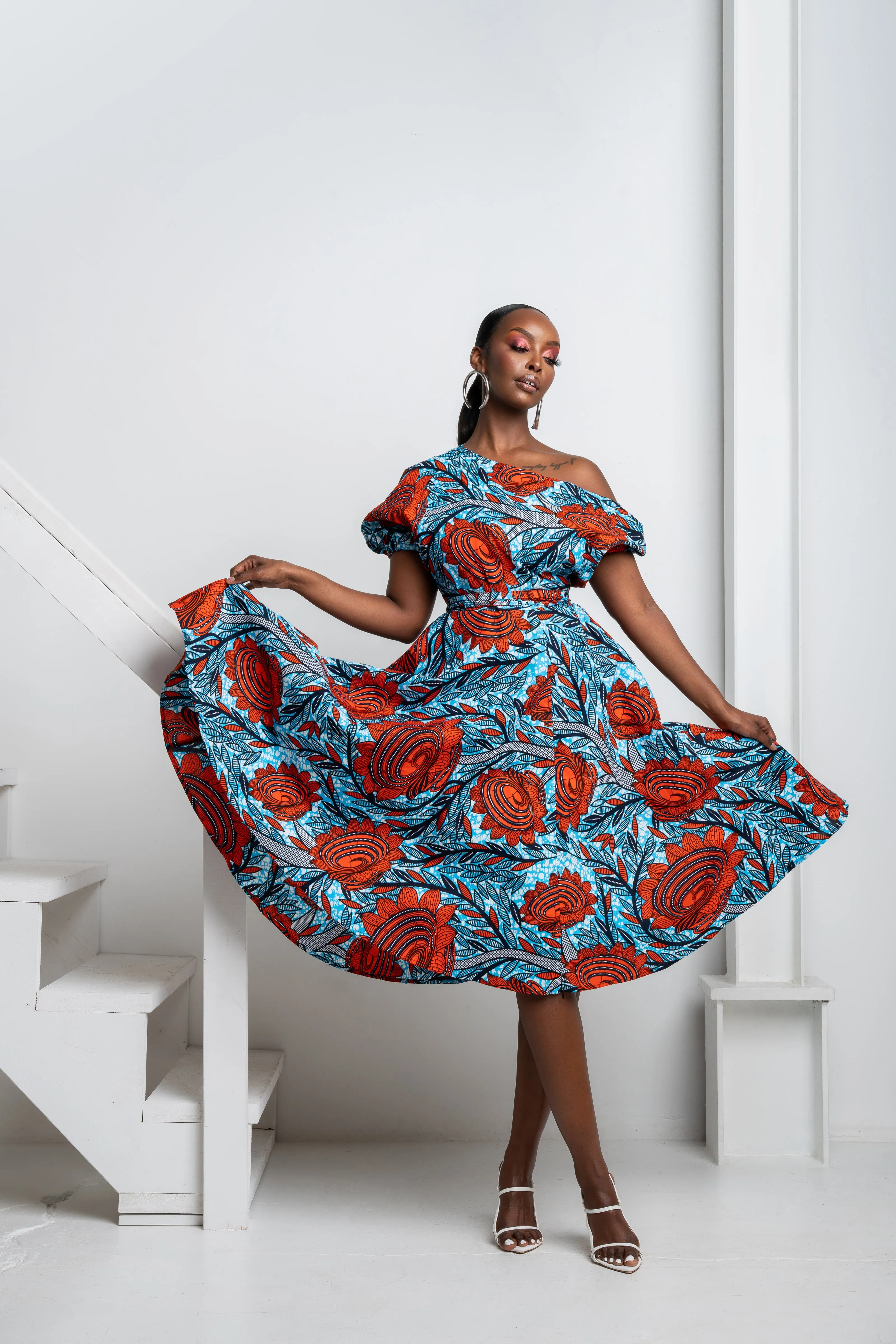 FAYO African Print One-shoulder Midi Dress