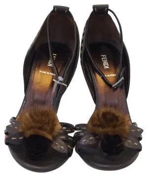 FENDI Vero Cuoio Brown Leather Fur Heels 37 Size