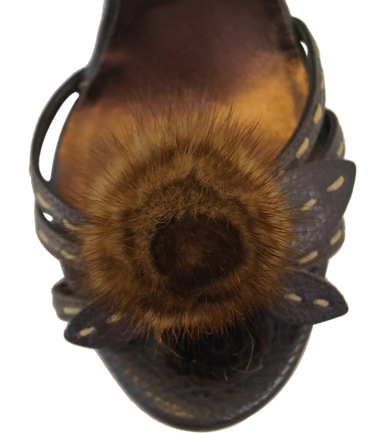 FENDI Vero Cuoio Brown Leather Fur Heels 37 Size