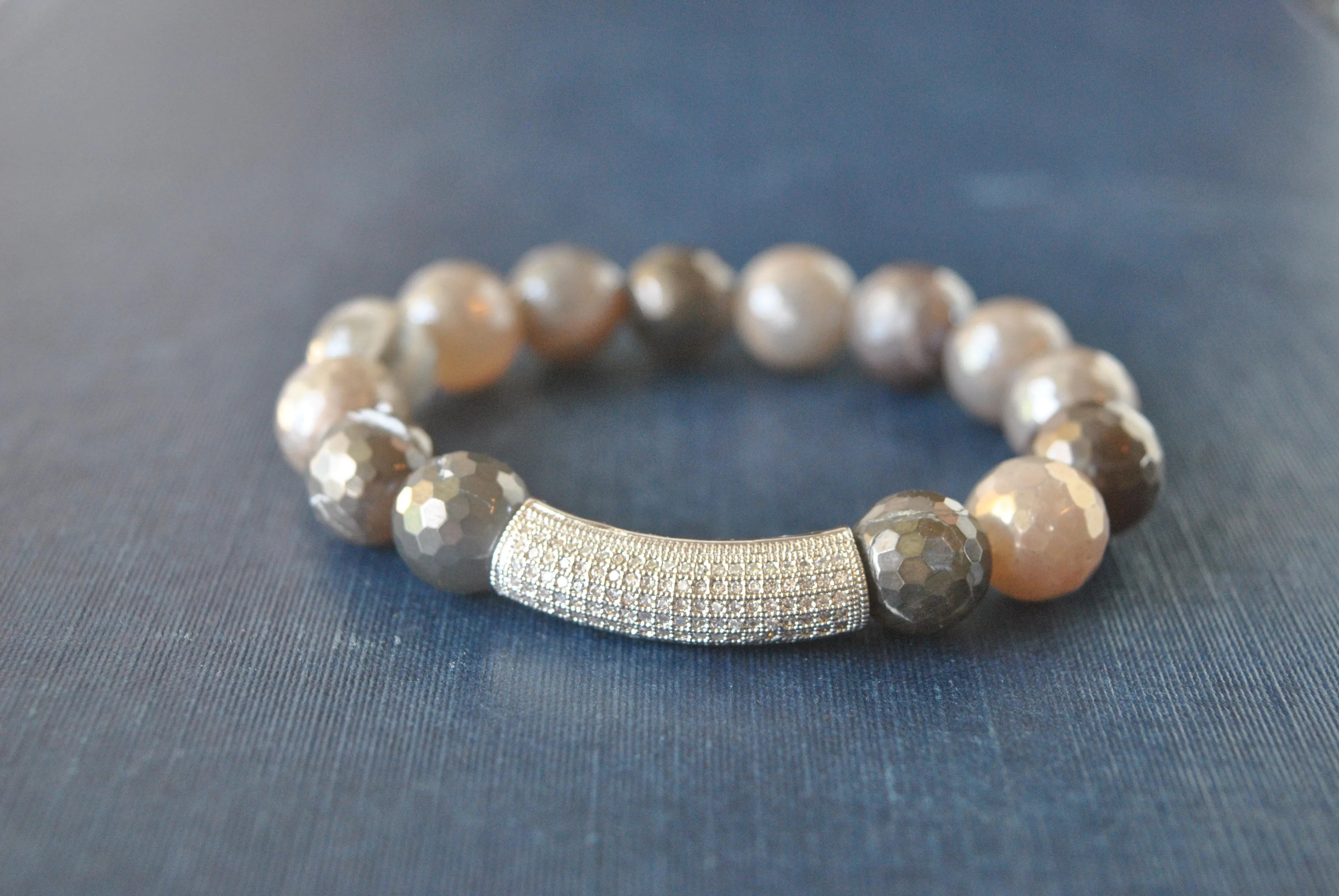 GARK GREY AND BURGUNDY MOONSTONES WITH SILVER RHINESTONES STRETCHY BRACELETS
