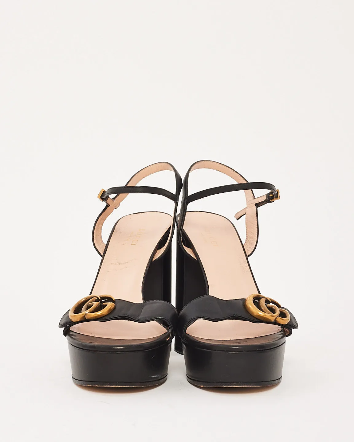 Gucci Black Leather GG Marmont Strap Platform Heels - 39