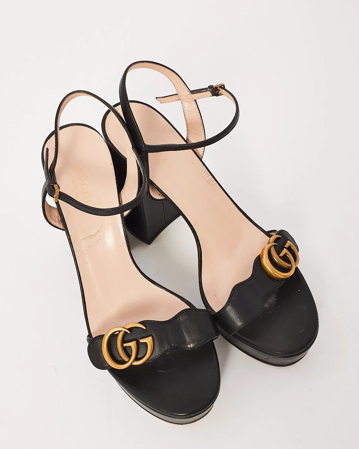 Gucci Black Leather GG Marmont Strap Platform Heels - 39