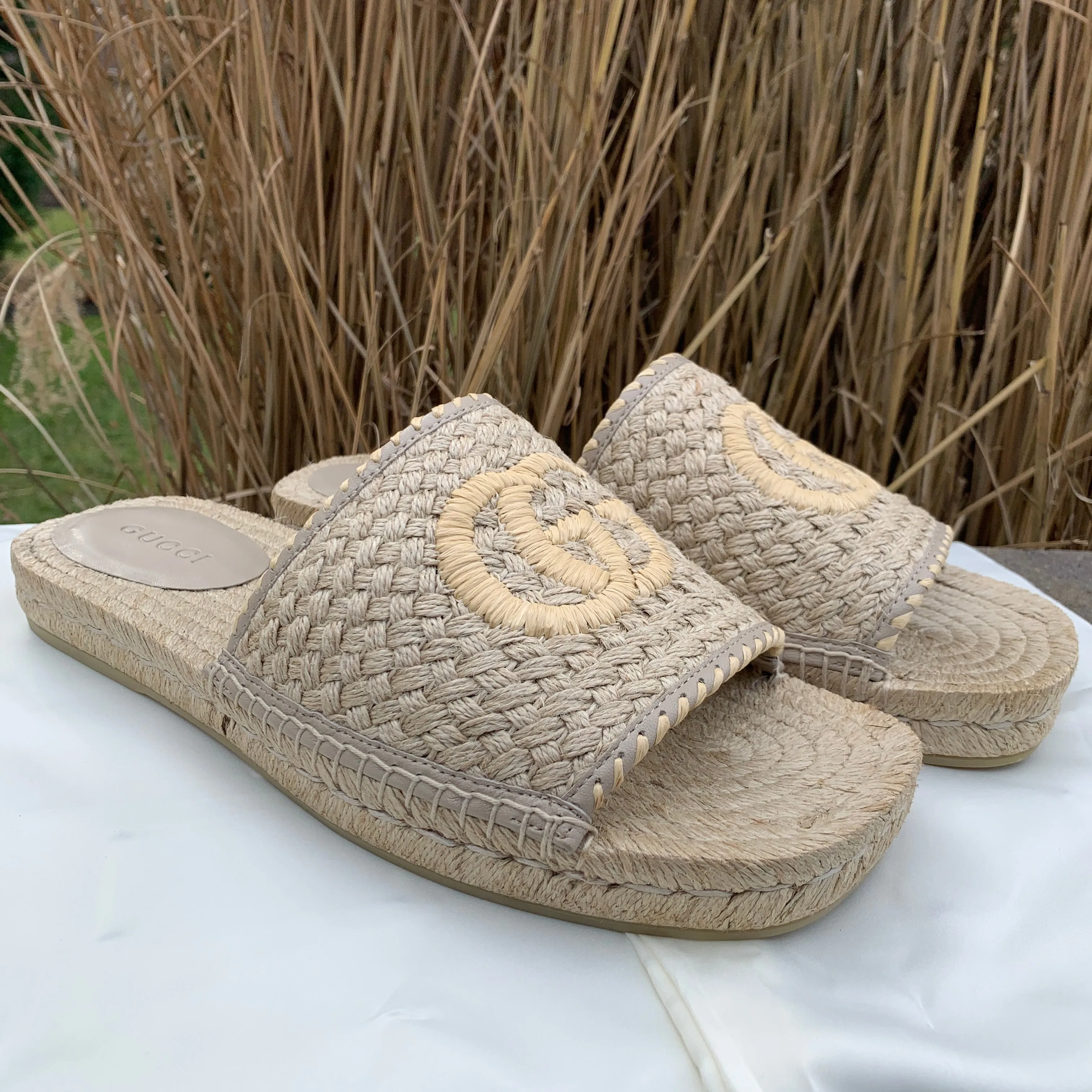 Gucci GG Juta Multi Twisted Woven Slides in Beige