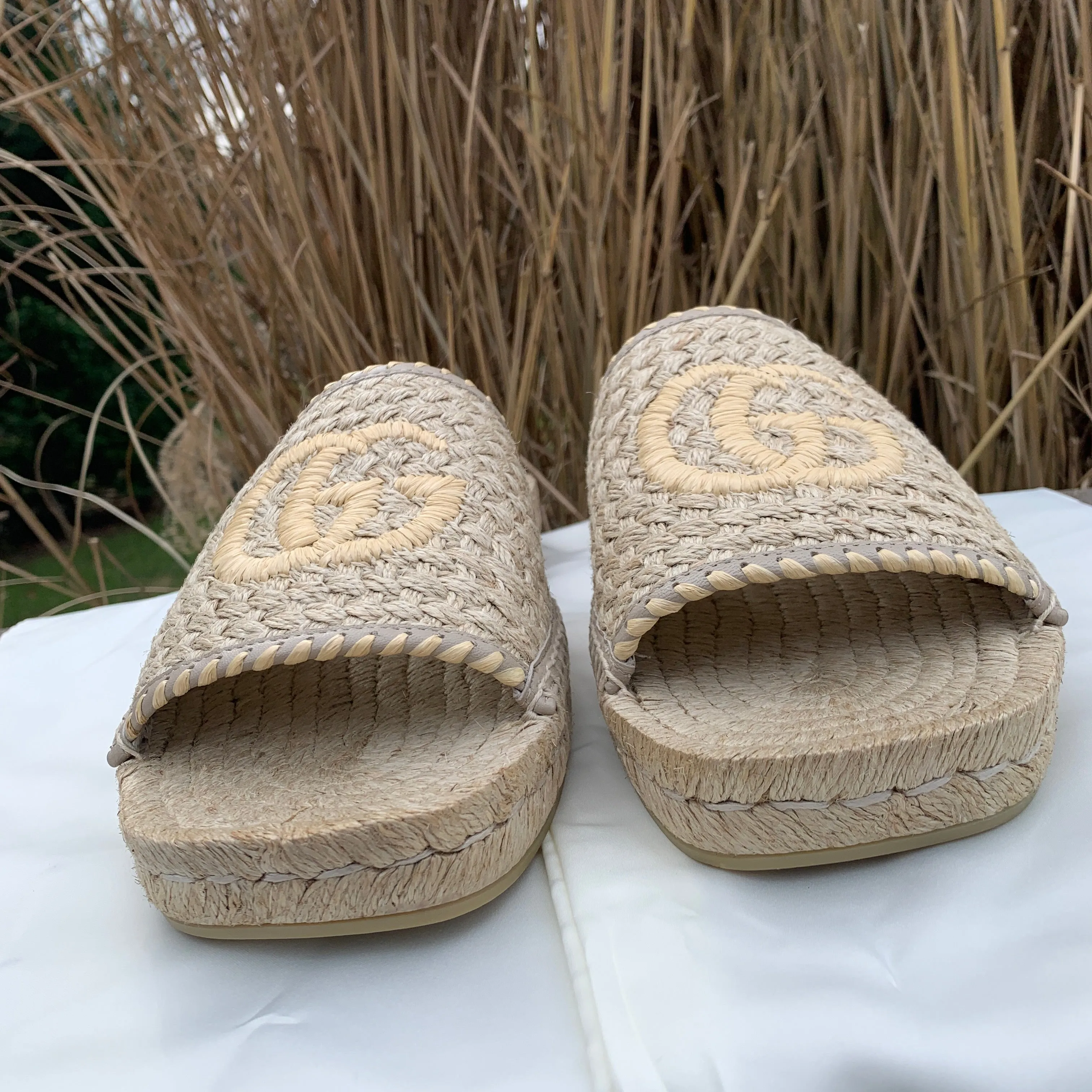 Gucci GG Juta Multi Twisted Woven Slides in Beige
