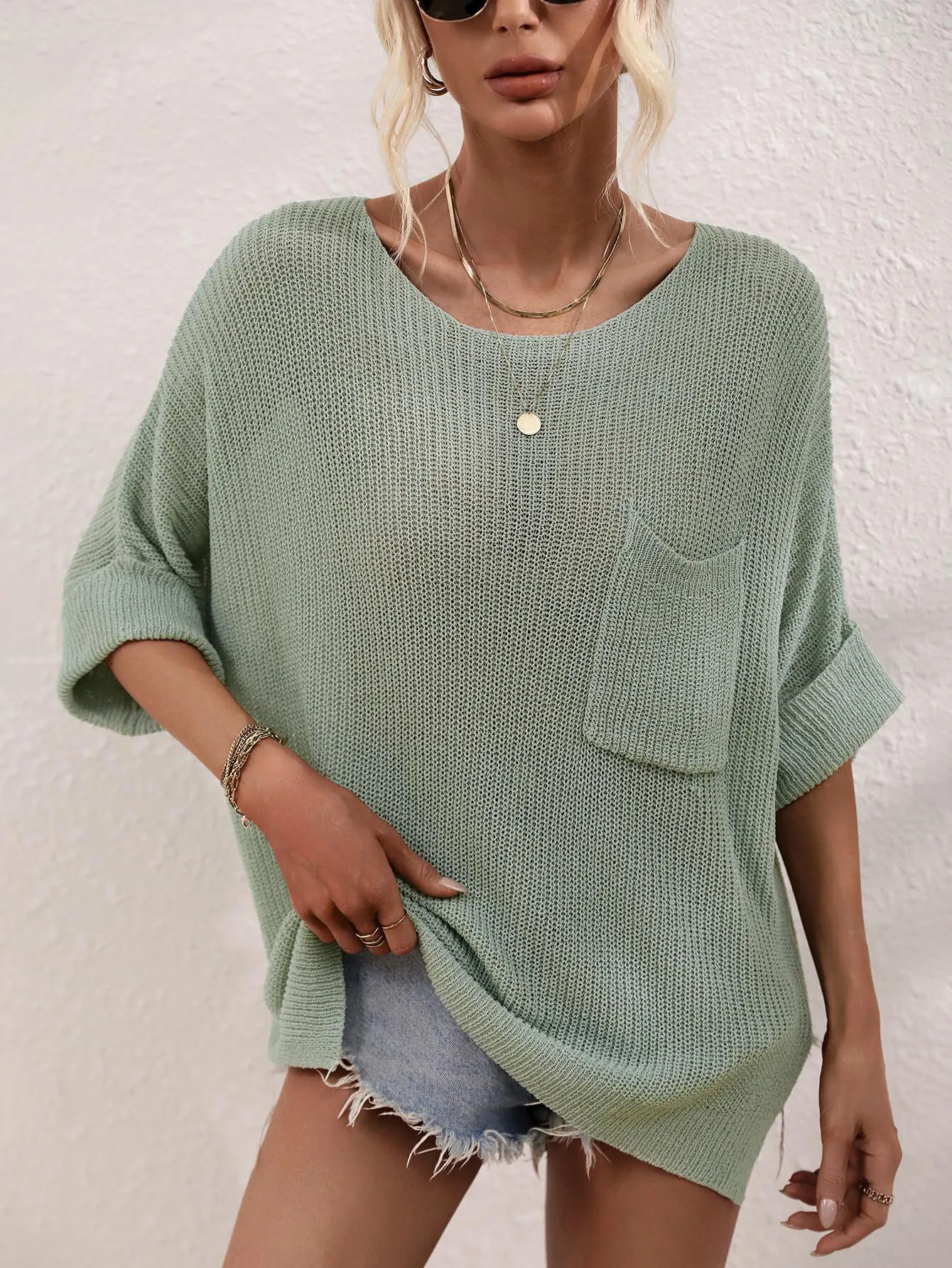 Hazel Blues® | Boat Neck Cuffed Sleeve Slit Tunic Knit Top