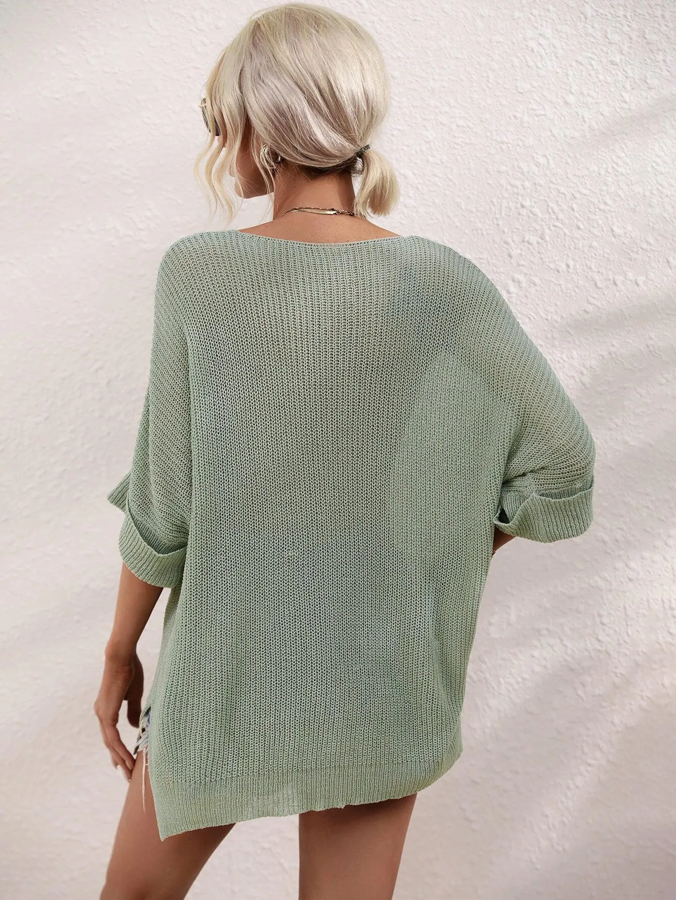 Hazel Blues® | Boat Neck Cuffed Sleeve Slit Tunic Knit Top