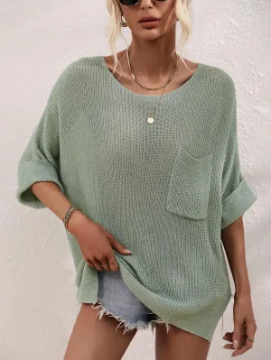 Hazel Blues® | Boat Neck Cuffed Sleeve Slit Tunic Knit Top