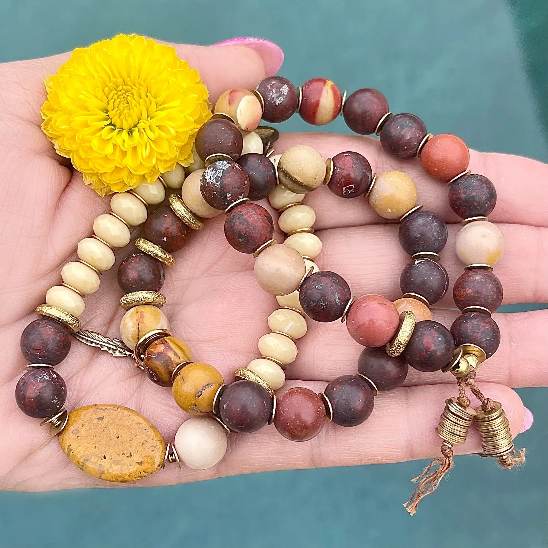 Jasper and Czech Glass Feather Stack - 3 Bracelets