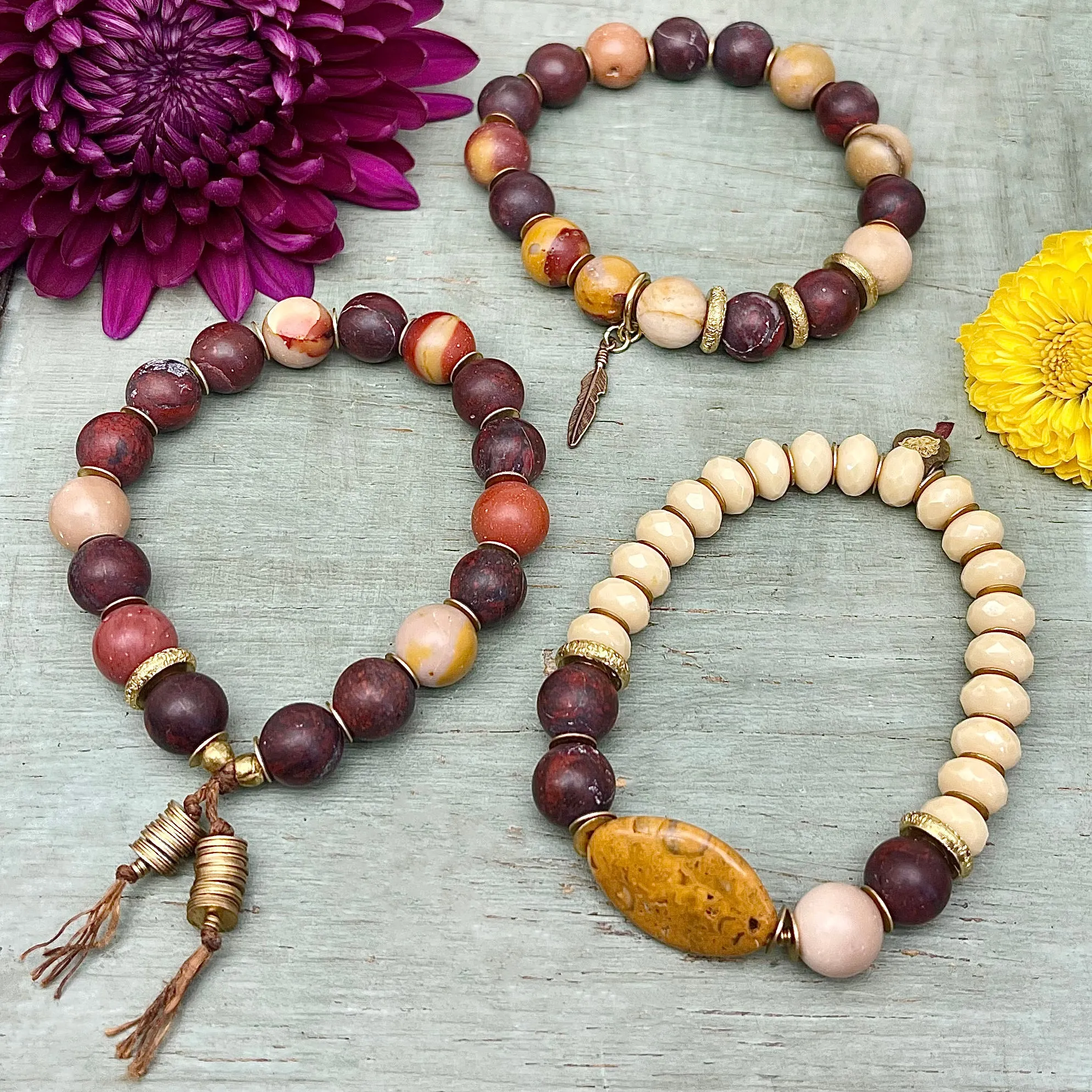 Jasper and Czech Glass Feather Stack - 3 Bracelets