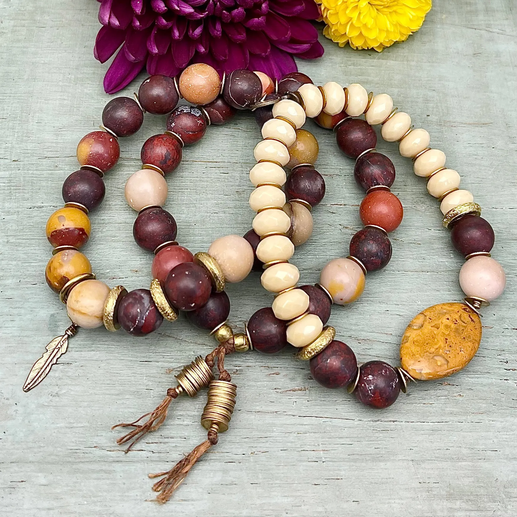 Jasper and Czech Glass Feather Stack - 3 Bracelets