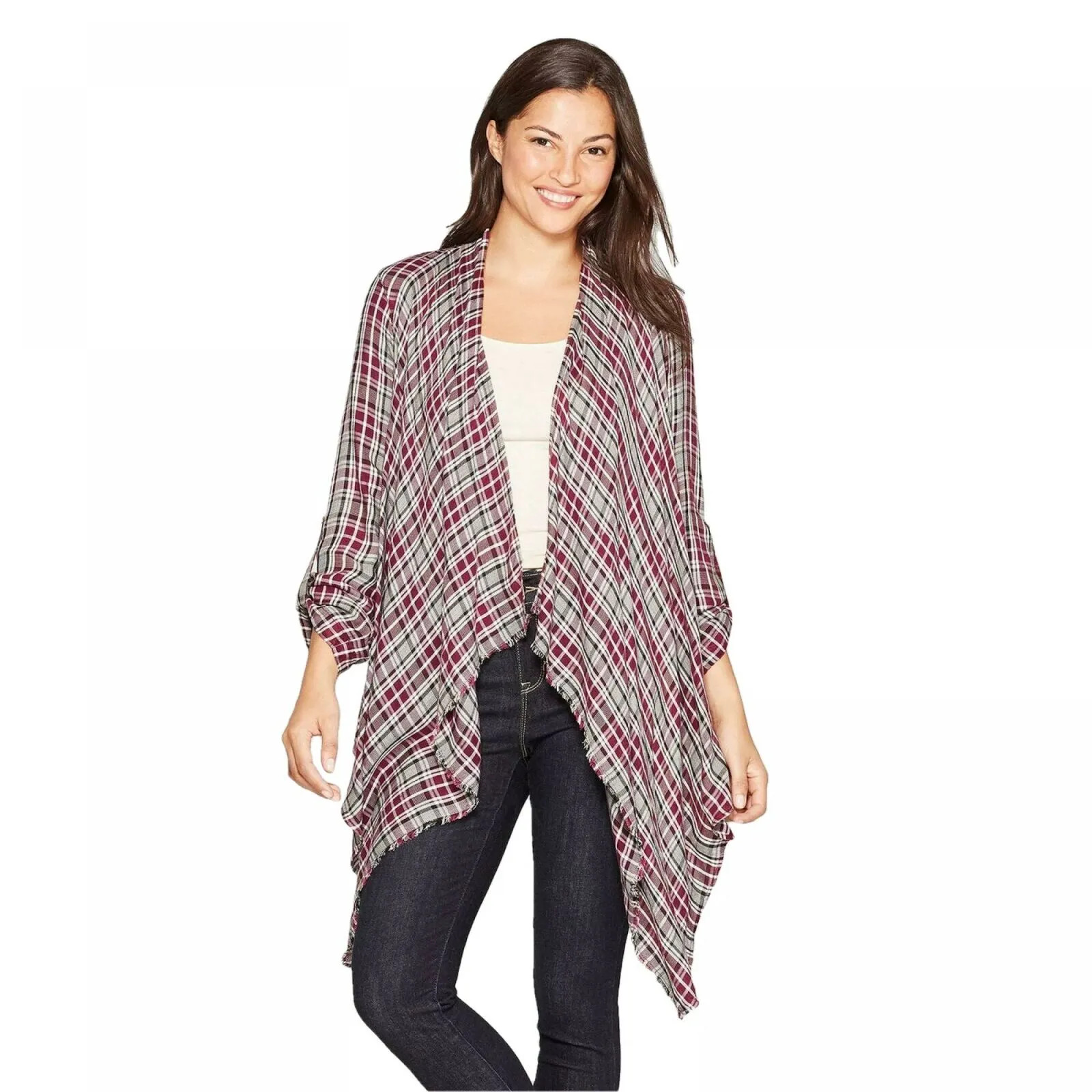 Knox Rose Plaid 3/4 Sleeve With Frayed Cascade Front Kimono Jacket