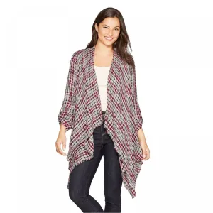 Knox Rose Plaid 3/4 Sleeve With Frayed Cascade Front Kimono Jacket