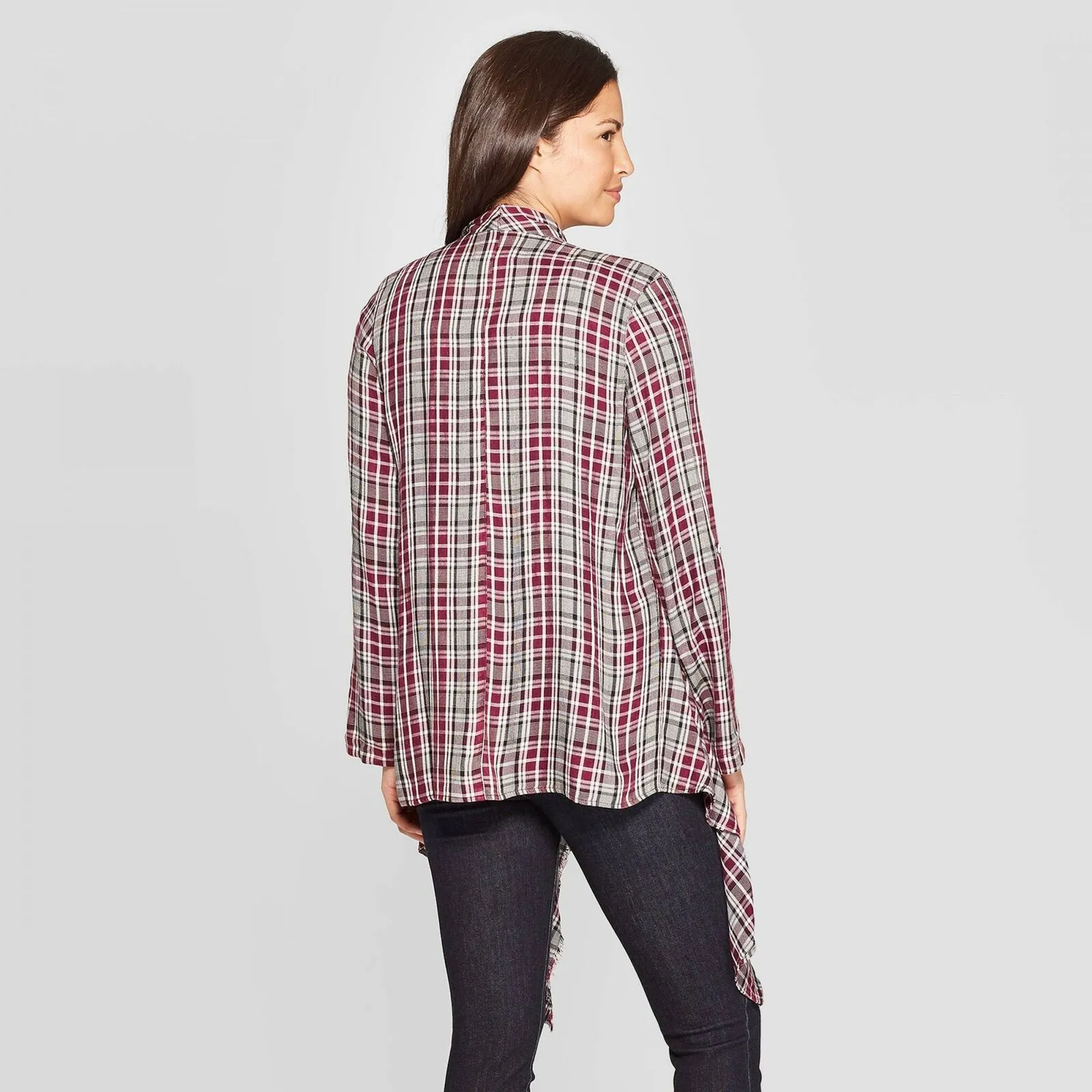 Knox Rose Plaid 3/4 Sleeve With Frayed Cascade Front Kimono Jacket